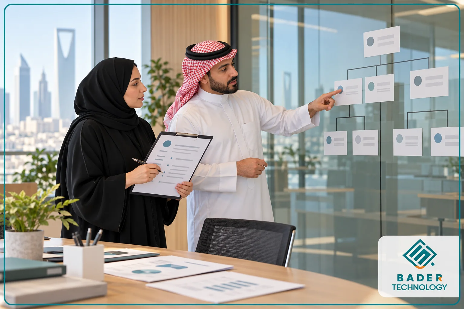 أخصائيا موارد بشرية سعوديان يراجعان بطاقة الوصف الوظيفي والهيكل التنظيمي