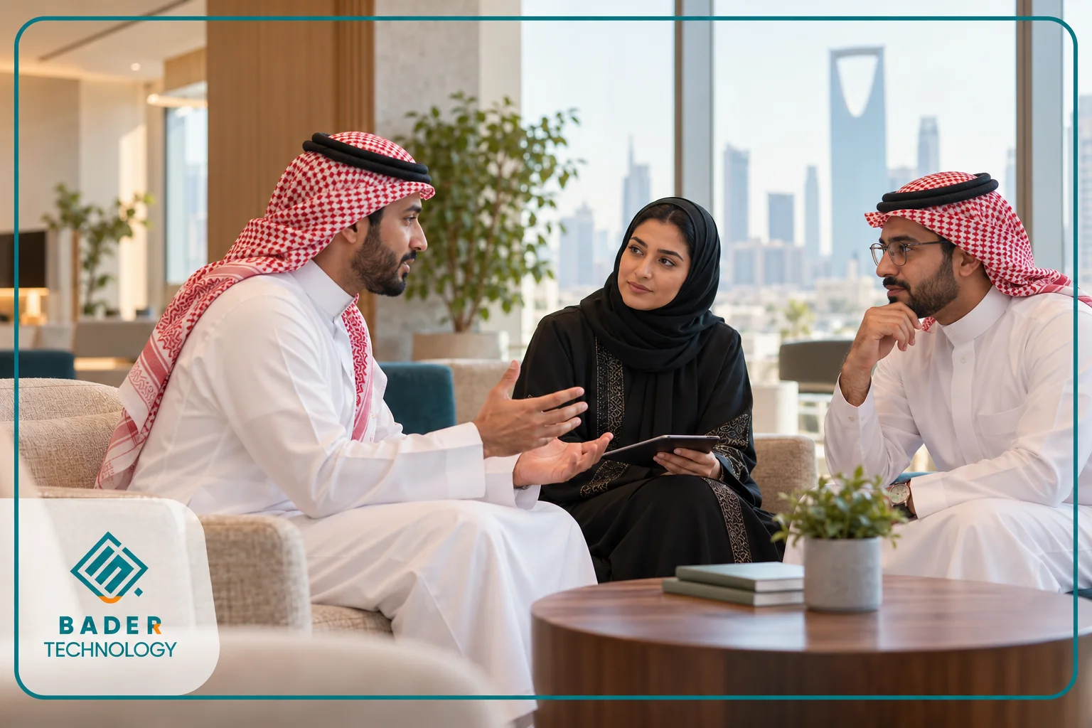 فريق عمل سعودي يطبق مهارات الذكاء العاطفي خلال نقاش مهني